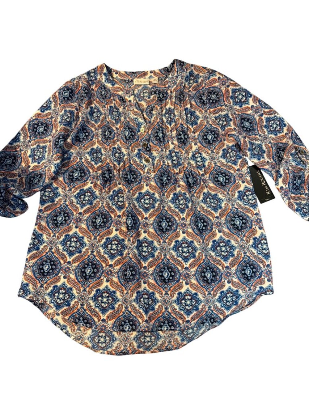 Kim Rogers Drift Away Blouse Blue Orange 3/4 Tab Sleeve Flowy V Neck Size PM NWT